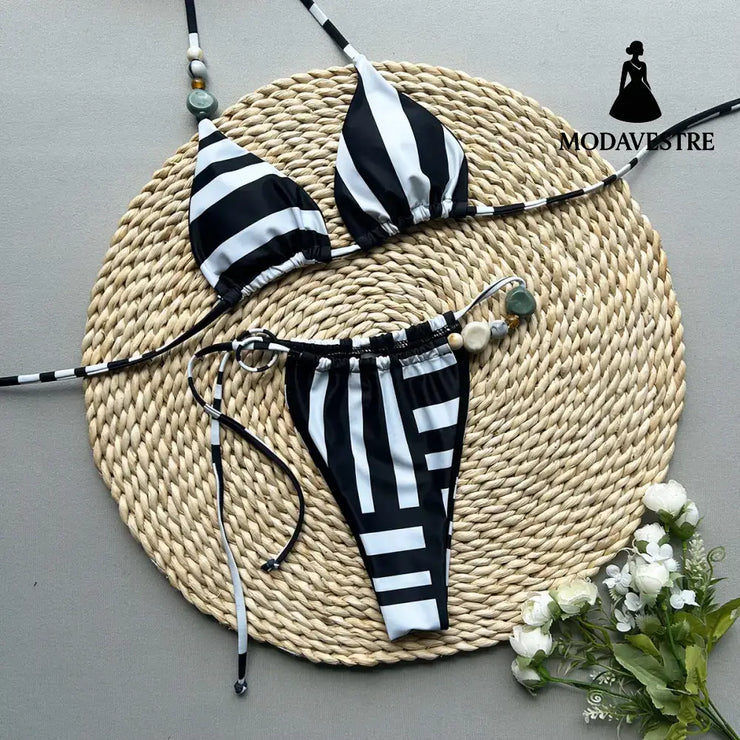 Black and White Striped Bikini Set – Modern Two-Piece Women’s Swimwear C4017 Black Splicing / S