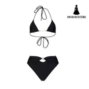 Black High-Waisted Bikini Set – Elegant Two-Piece Women’s Swimsuit with Pearl Detail