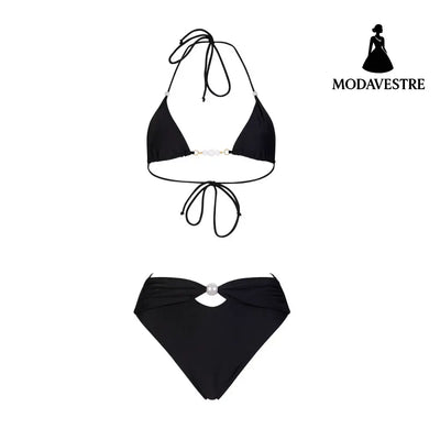 Black High-Waisted Bikini Set – Elegant Two-Piece Women’s Swimsuit with Pearl Detail