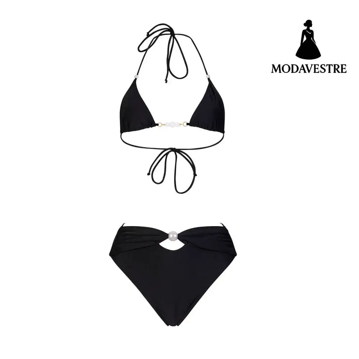 Black High-Waisted Bikini Set – Elegant Two-Piece Women’s Swimsuit with Pearl Detail