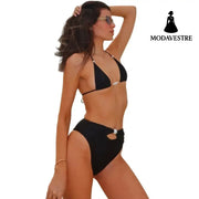 Black High-Waisted Bikini Set – Elegant Two-Piece Women’s Swimsuit with Pearl Detail