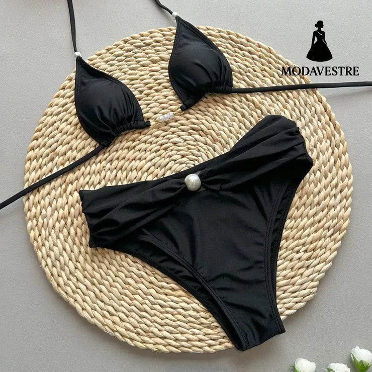 Black High-Waisted Bikini Set – Elegant Two-Piece Women’s Swimsuit with Pearl Detail