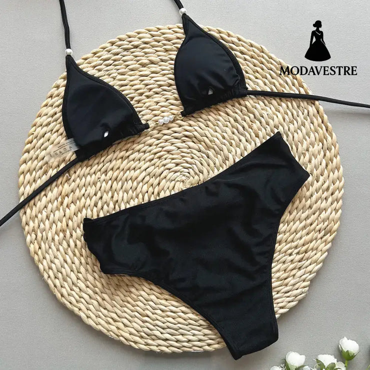 Black High-Waisted Bikini Set – Elegant Two-Piece Women’s Swimsuit with Pearl Detail