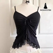 Black Lace Trim Ruched Cami Top – Elegant Asymmetric Hem Design