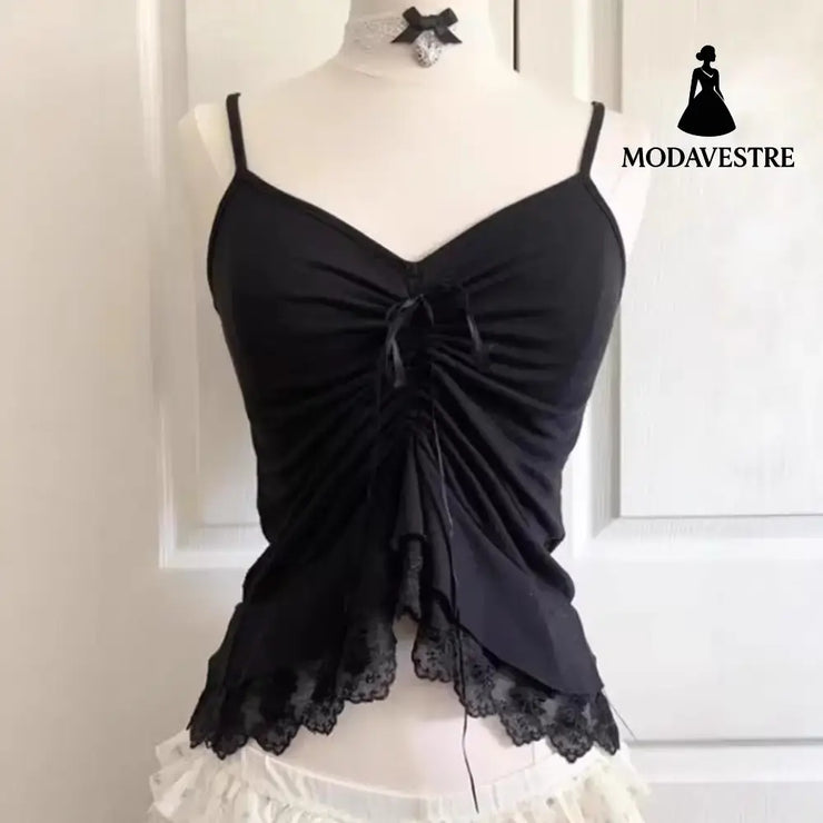 Black Lace Trim Ruched Cami Top – Elegant Asymmetric Hem Design