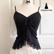 Black Lace Trim Ruched Cami Top – Elegant Asymmetric Hem Design