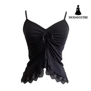 Black Lace Trim Ruched Cami Top – Elegant Asymmetric Hem Design Black / S