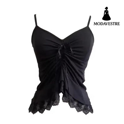 Black Lace Trim Ruched Cami Top – Elegant Asymmetric Hem Design Black / S