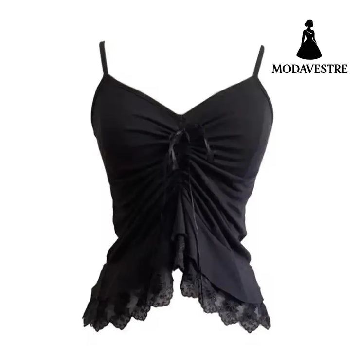 Black Lace Trim Ruched Cami Top – Elegant Asymmetric Hem Design Black / S