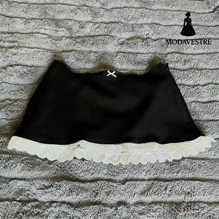 Black Mini Skirt with Pink Satin Bow – Cute Ribbon Waist Design Black 2 / S