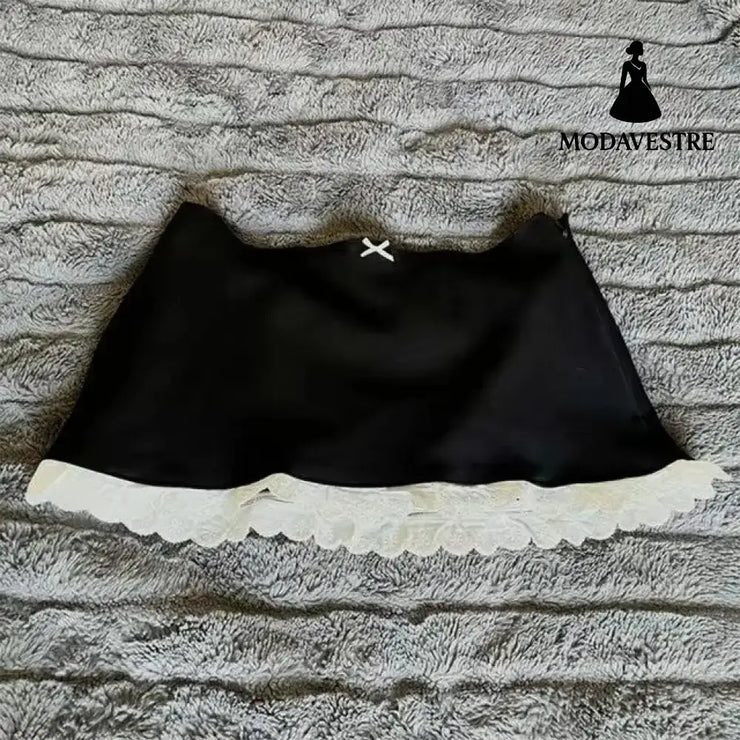 Black Mini Skirt with Pink Satin Bow – Cute Ribbon Waist Design