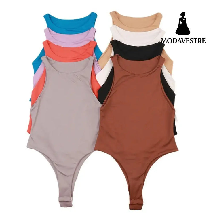 Black Sleeveless Bodysuit – Solid Color Round Neck Stretch Jumpsuit for Women