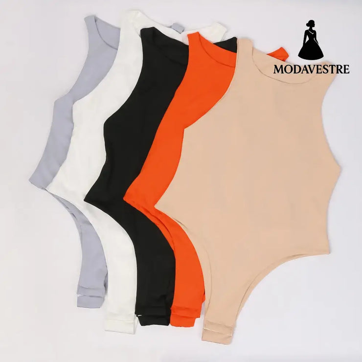 Black Sleeveless Bodysuit – Solid Color Round Neck Stretch Jumpsuit for Women