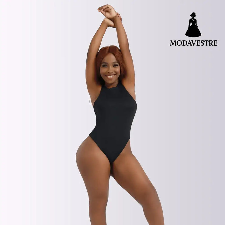 Black Sleeveless Bodysuit – Solid Color Round Neck Stretch Jumpsuit for Women S / Black