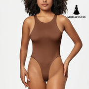 Black Sleeveless Bodysuit – Solid Color Round Neck Stretch Jumpsuit for Women S / Brown