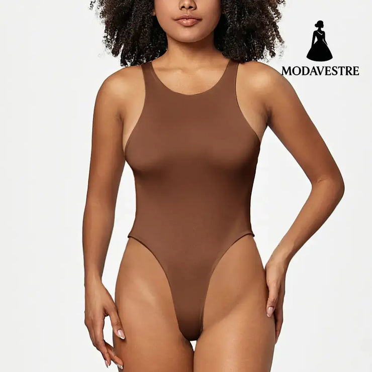 Black Sleeveless Bodysuit – Solid Color Round Neck Stretch Jumpsuit for Women S / Brown