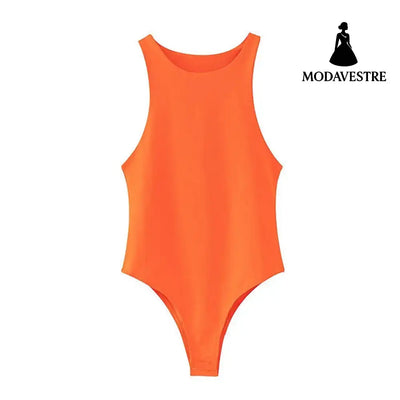 Black Sleeveless Bodysuit – Solid Color Round Neck Stretch Jumpsuit for Women S / Orange