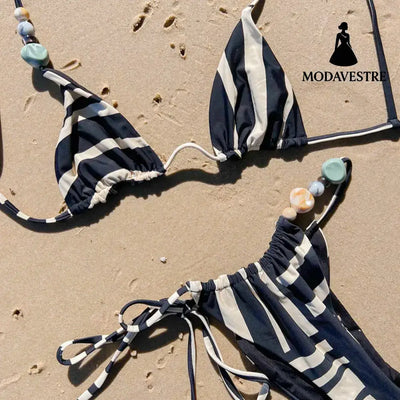 Black & White Striped Triangle Bikini Set – Seashell Detail Two-Piece Swimwear for Women