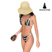 Black & White Striped Triangle Bikini Set – Seashell Detail Two-Piece Swimwear for Women