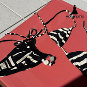 Black & White Striped Triangle Bikini Set – Seashell Detail Two-Piece Swimwear for Women