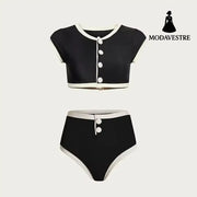 Black & White Two-Piece Swimsuit – High-Waisted Short Sleeve Set