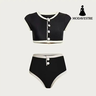 Black & White Two-Piece Swimsuit – High-Waisted Short Sleeve Set