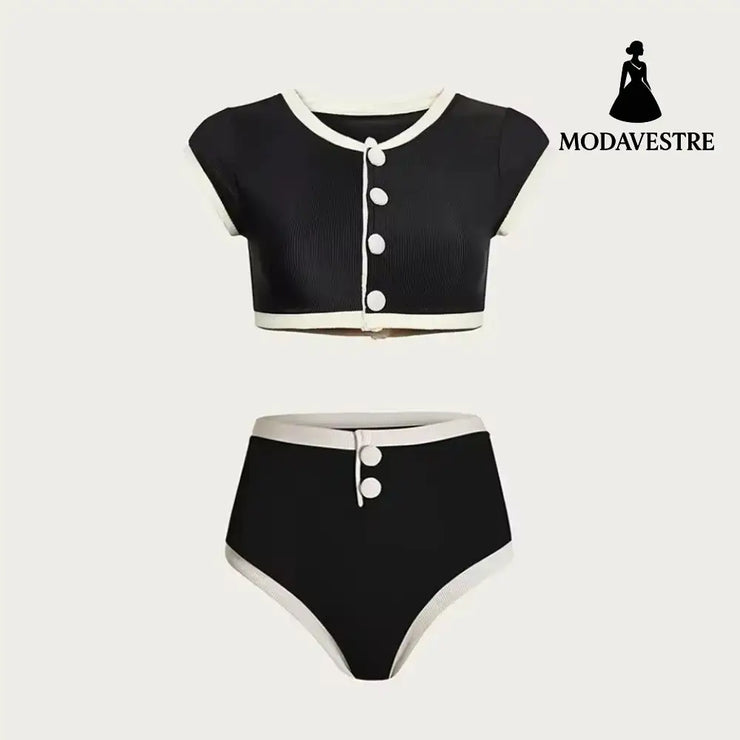 Black & White Two-Piece Swimsuit – High-Waisted Short Sleeve Set