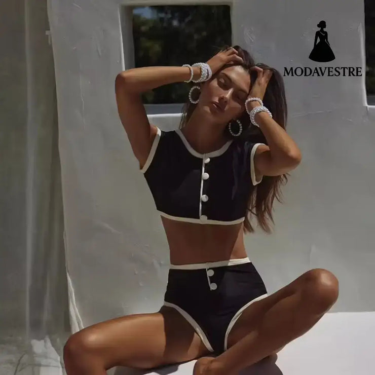 Black & White Two-Piece Swimsuit – High-Waisted Short Sleeve Set