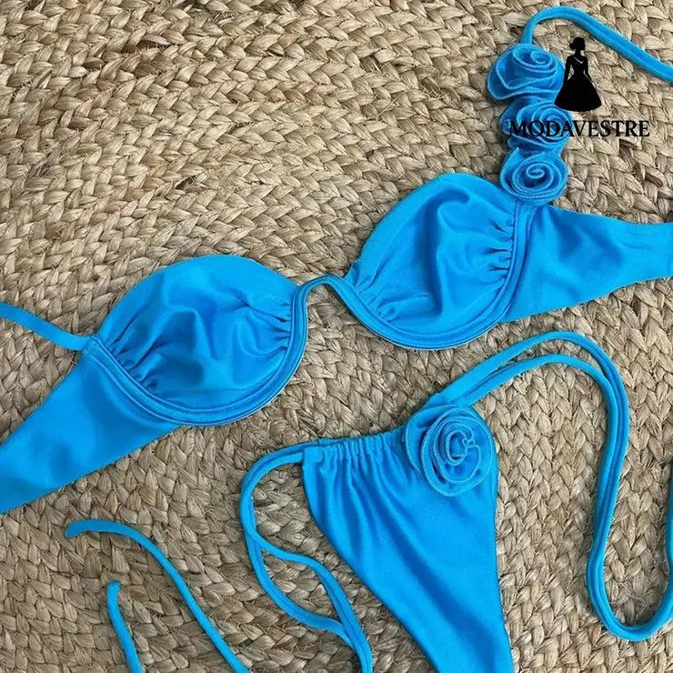 Blue Floral Bikini Set – Two-Piece Women’s Swimwear with Rose Detail