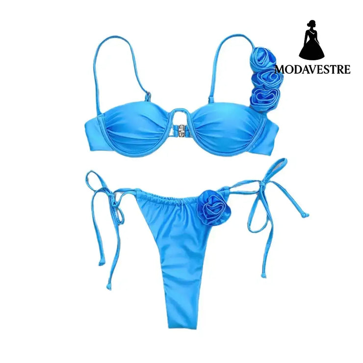 Blue Floral Bikini Set – Two-Piece Women’s Swimwear with Rose Detail