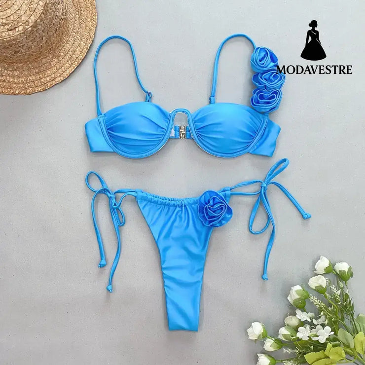Blue Floral Bikini Set – Two-Piece Women’s Swimwear with Rose Detail