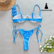 Blue Floral Bikini Set – Two-Piece Women’s Swimwear with Rose Detail