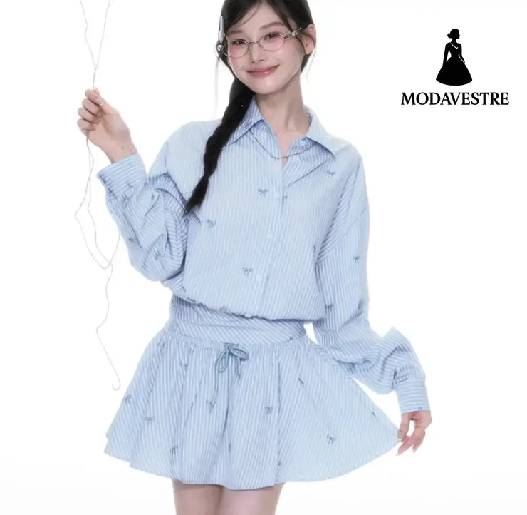 Blue Skirt Korean Striped Skirt