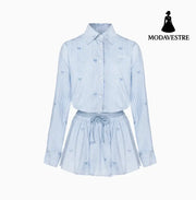 Blue Skirt Korean Striped Skirt SET / L