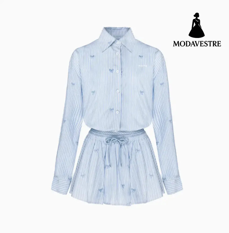 Blue Skirt Korean Striped Skirt SET / L