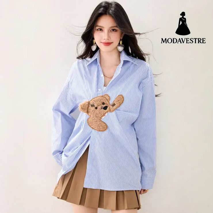 Blue Stripe Bear Patchwork Long Sleeve Shirt Women Loose Design Sense Unique Casual Top