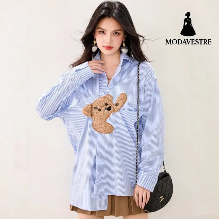 Blue Stripe Bear Patchwork Long Sleeve Shirt Women Loose Design Sense Unique Casual Top