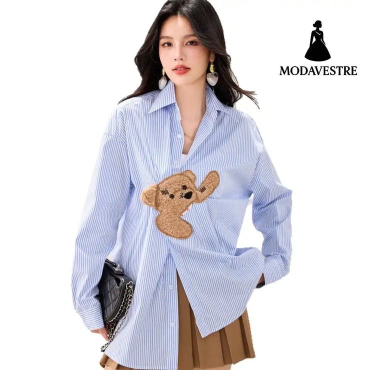 Blue Stripe Bear Patchwork Long Sleeve Shirt Women Loose Design Sense Unique Casual Top