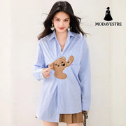Blue Stripe Bear Patchwork Long Sleeve Shirt Women Loose Design Sense Unique Casual Top Blue / L