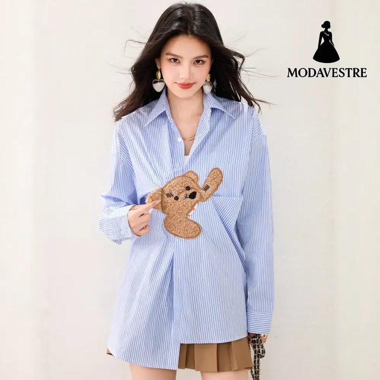 Blue Stripe Bear Patchwork Long Sleeve Shirt Women Loose Design Sense Unique Casual Top Blue / L