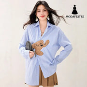 Blue Stripe Bear Patchwork Long Sleeve Shirt Women Loose Design Sense Unique Casual Top Blue / S