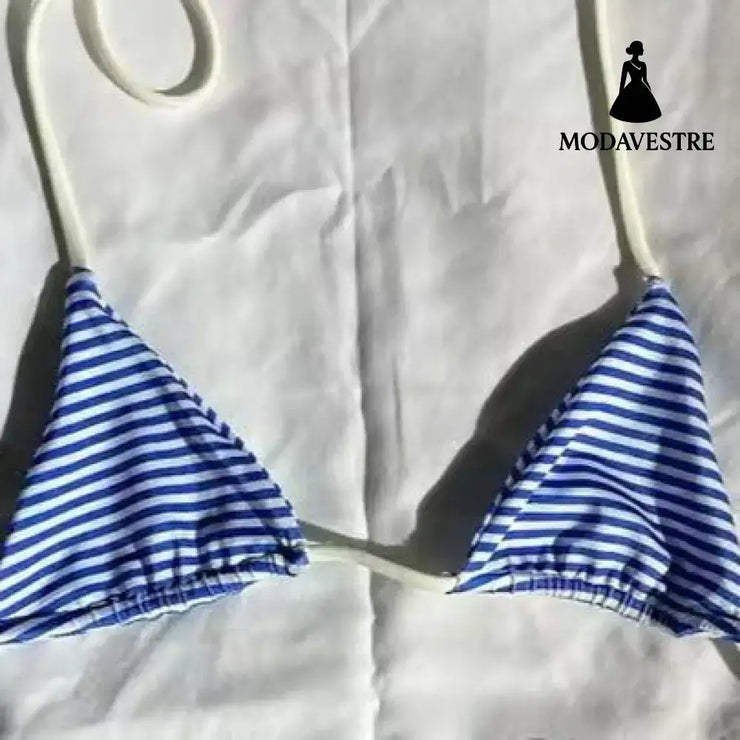 Blue & White Striped Bikini Set – Trendy Summer Swimwear