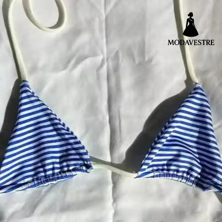 Blue & White Striped Bikini Set – Trendy Summer Swimwear