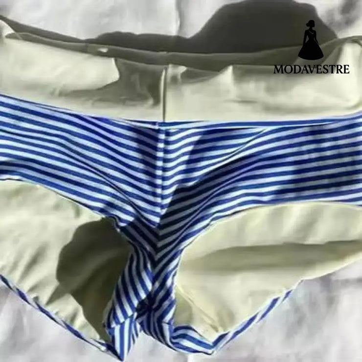 Blue & White Striped Bikini Set – Trendy Summer Swimwear