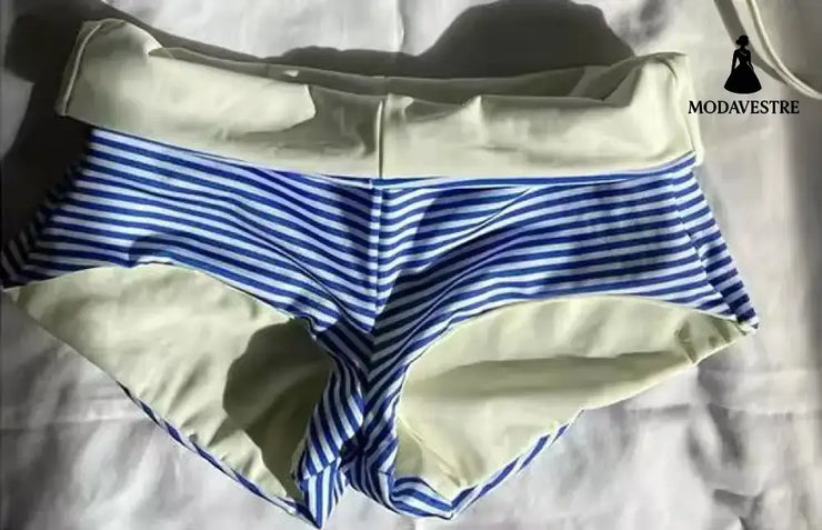 Blue & White Striped Bikini Set – Trendy Summer Swimwear Sky Blue Shorts / S