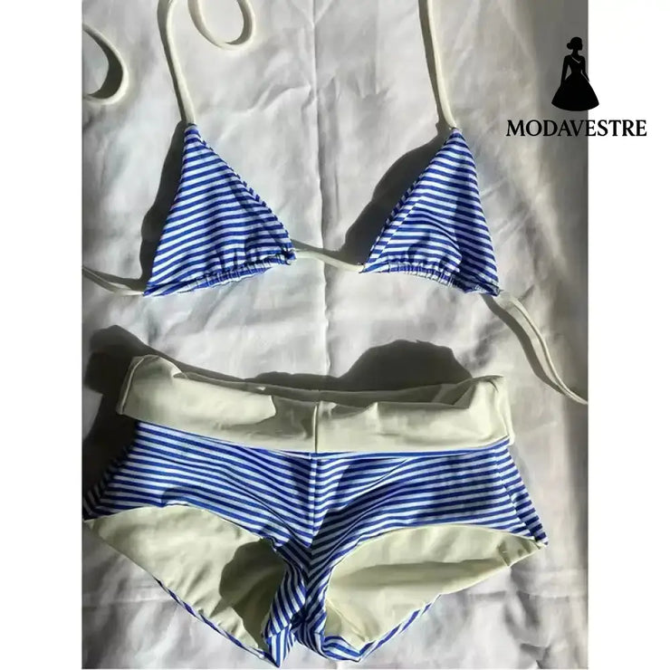 Blue & White Striped Bikini Set – Trendy Summer Swimwear Sky Blue Suit / S
