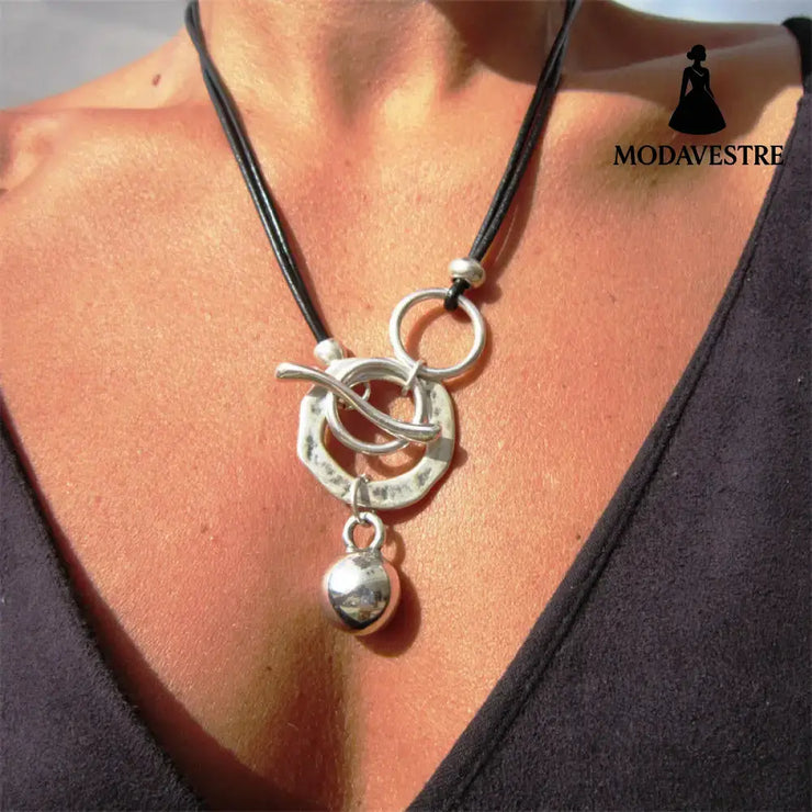 Bohemian Ring Leather Necklace OT Buckle Drop