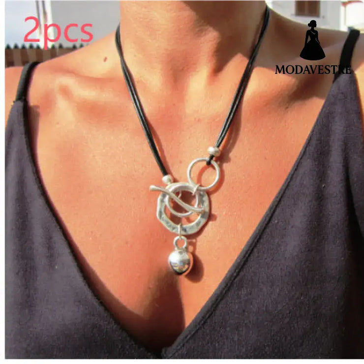 Bohemian Ring Leather Necklace OT Buckle Drop XL2050 / 2PCS