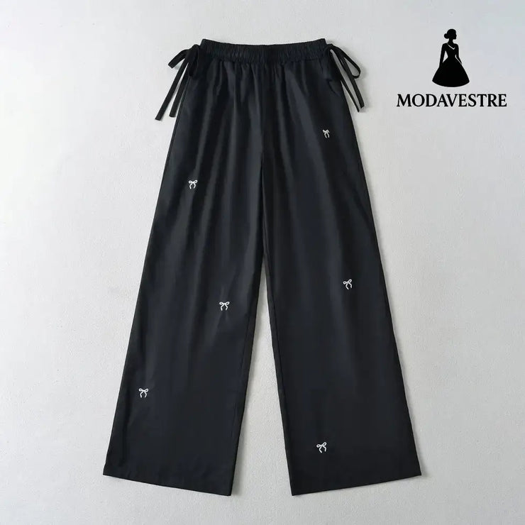 Bow Embroidered Elastic Waist Strap Work Pants