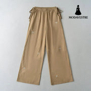 Bow Embroidered Elastic Waist Strap Work Pants